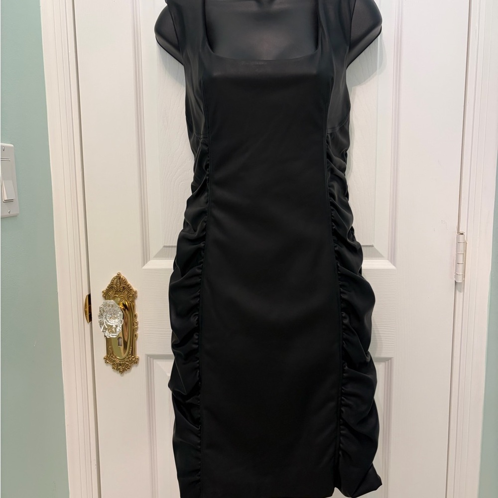 Guess Elegant/Chic Black Ruched Faux Leather Lined Mini Dress NWOT. Stretchy